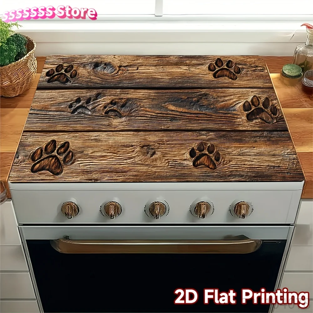 S Stove Protector Cover Suitable for Electric Glass Stoves - Paw Print on Wood Pattern, Scratch & Heat Resistant Cover, Compatib