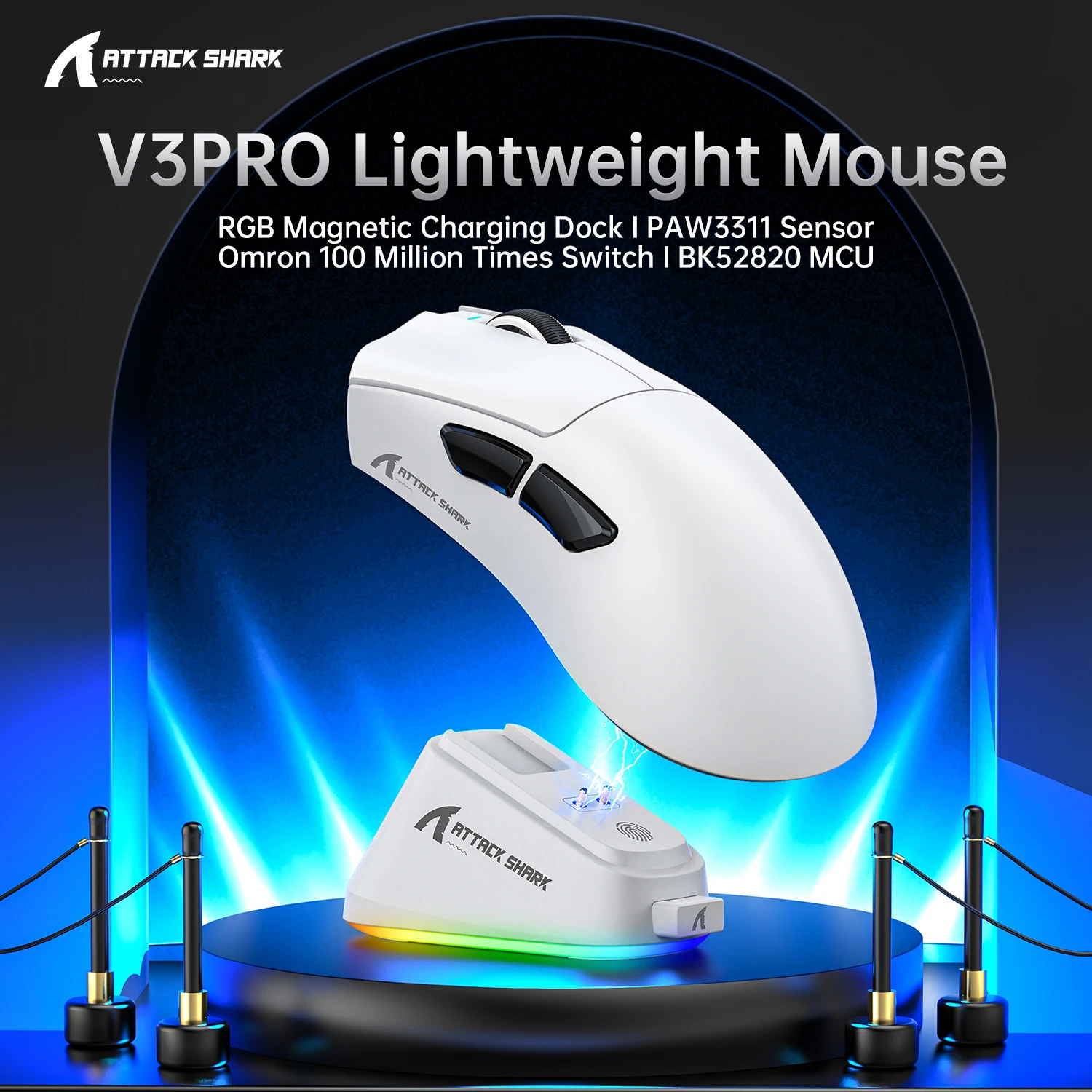 ATTACK SHARK V3PRO Ultra-Light Gaming Mouse, 2.4G Wireless Bluetooth Wired, Charging Dock, 1000Hz Polling Rate, 25000 DPI