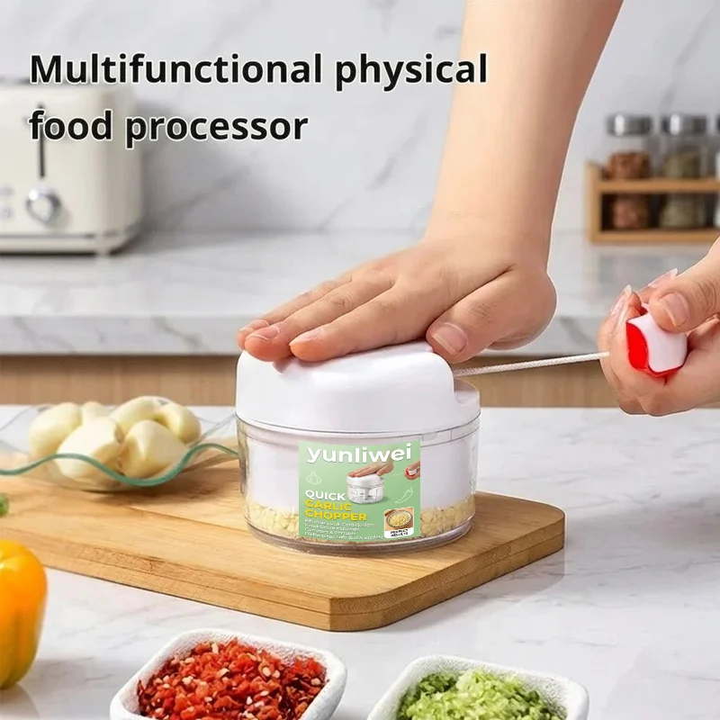 Yunliwei Manual Garlic Chopper Stainless Steel Blades Hand Pull Cord Shred Press for Garlic Pepper Meat Vegetables Kitchen Tool