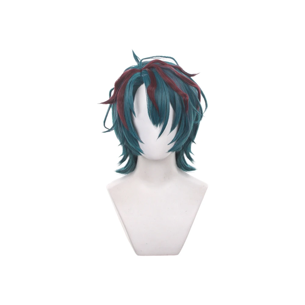 Dark Teal Green Short Spiky Messy Mullet Cosplay Wig with Red Streaks Synthetic Heat Resistant for Men Anime Halloween