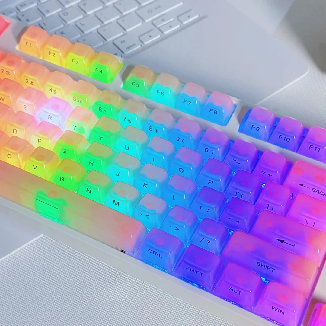 119 مفتاحًا كريمي وردي ضبابي شفاف كريستال PC أغطية مفاتيح MDA Profile طباعة جانبية RGB أغطية مفاتيح بإضاءة خلفية للوحة مفاتيح MX #2