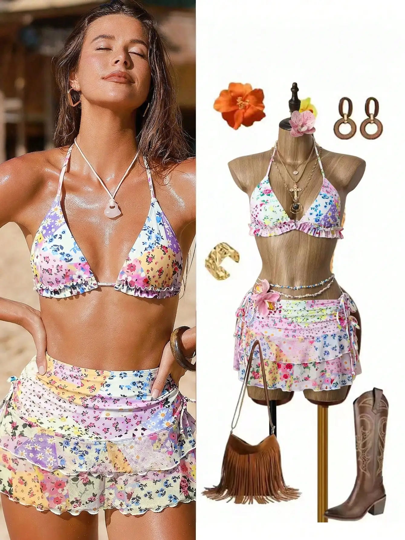 

Womens 3pcs Floral Patchwork Triangle Bikini Set With Ruched Skirt