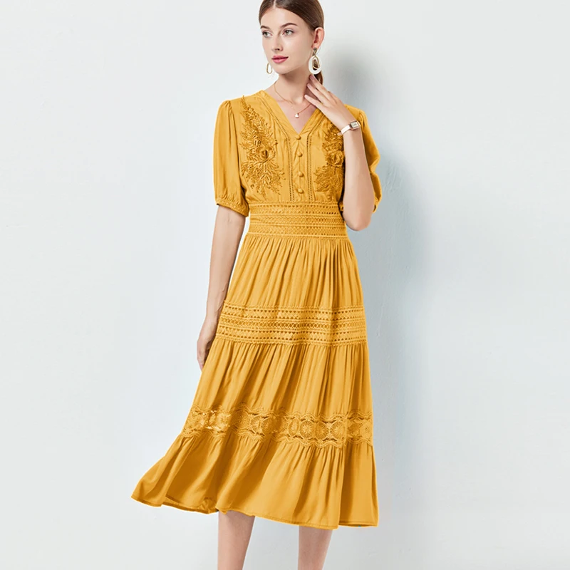 

TEELYNN Boho Floral Lace Dress for Women Casual V Neck Short Sleeve Cotton Rayon Long Dresses Summer Elegant Ladies Vestidos