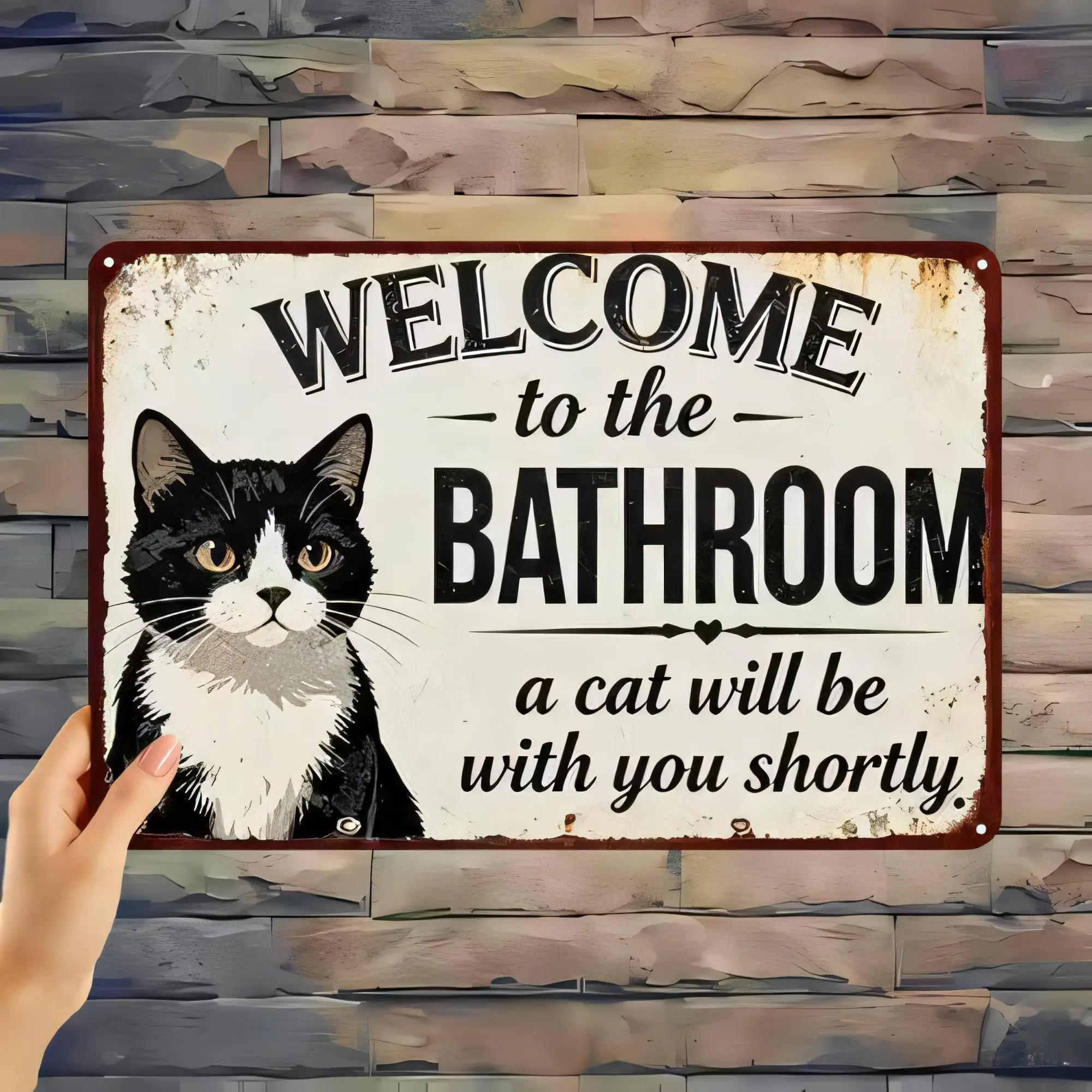 Tin Sign, Welcome to the Bathroom a cat will be with you shortly, Vintage Retro Metal Wall Art Plaque for Home Decor, Funny Cat