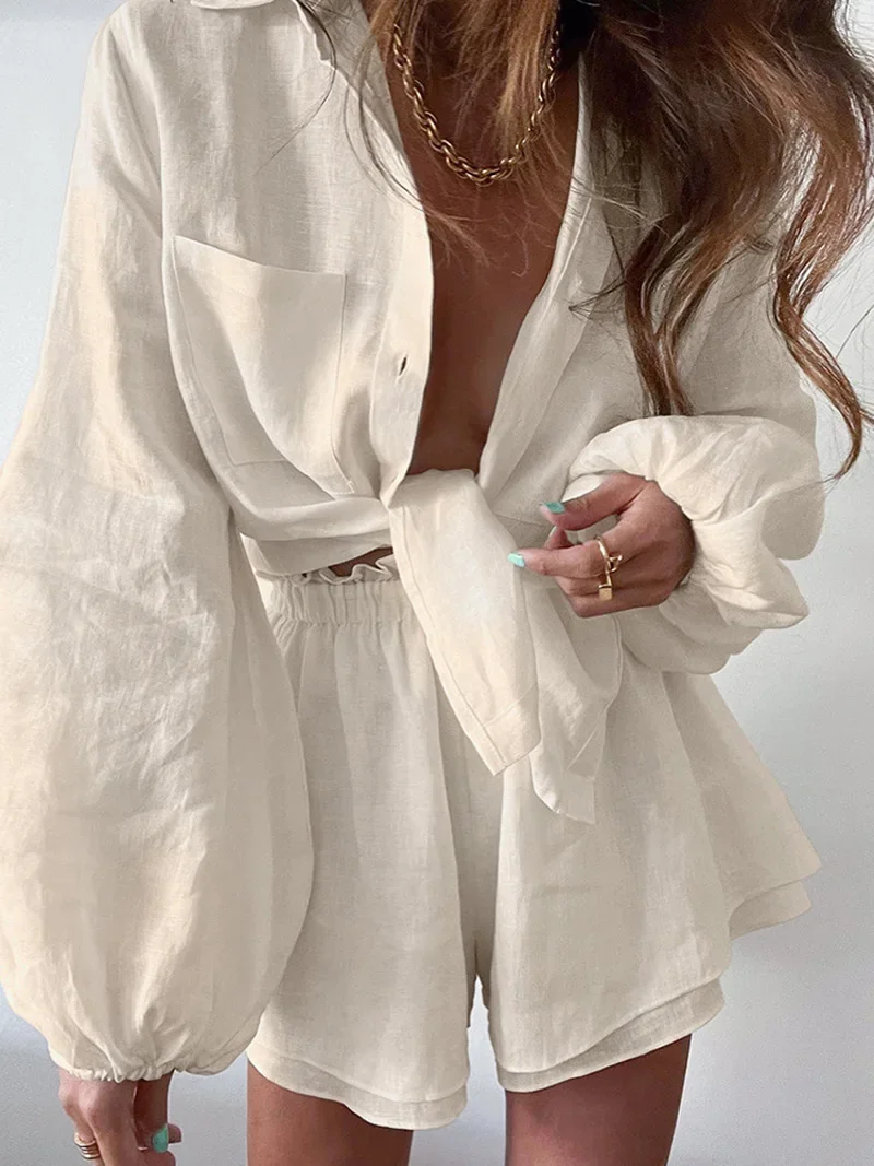 2025 Women Spring Summer Bohemian Shorts Sets Solid White Loose Fit Outfits Blouse Suit 2 Two Piece Set For Women