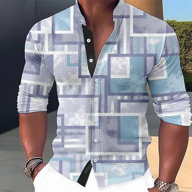 Vierkante Kleur Geblokkeerd Losse En Comfortabele Heren Overhemd Modieuze Opstaande Kraag Lange Mouwen Knappe Top Casual Shirt Mb1