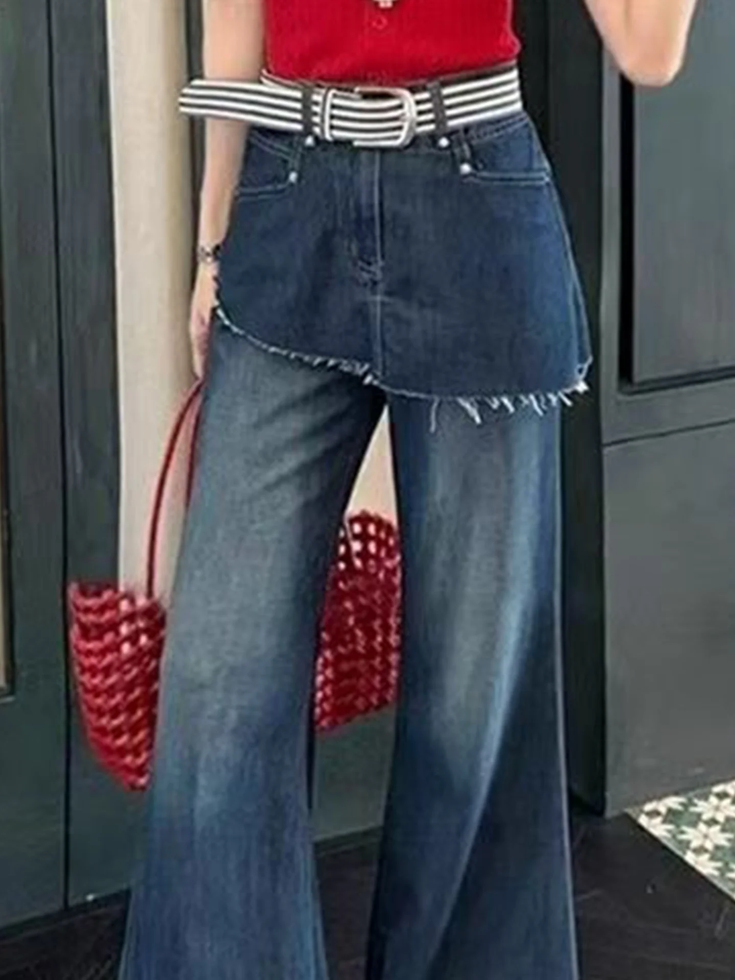 

Blue High Waist Bell Bottom Jeans Women's Loose Fit Casual Versatile Floor Length Trousers Straight Leg Slimming Effect