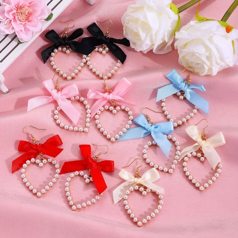 Black Bowknot Square Glass Heart Charm Drop Earrings Gold Color Heart Metal Imitation Pearl Surround Ins Girls Party Jewelry