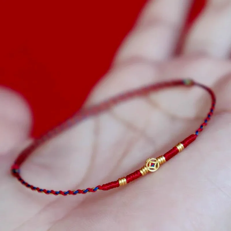 Copper Coin Woven Bracelet Red Blue Color Matching Adjustable Transfer Lucky Beads Ancient Style Extremely Thin Couple Bracelet