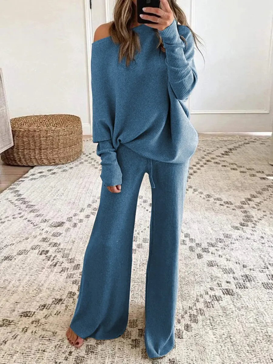 Spring Summer 2-piece Sets Womens Outifits Solid O-neck Long Sleeve Top and Wide Leg Pants Set Casual Outfit Women Top Trousers