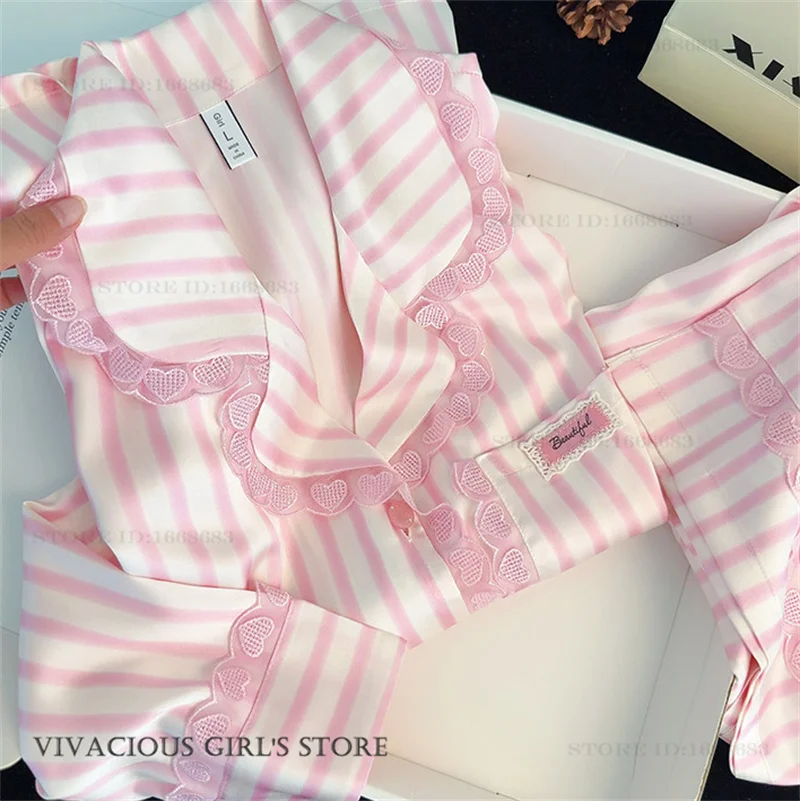 

Sweet Pink Stripe 2PCS Pajamas Set Womens Long Sleeve Trouser Pijamas Suit Spring Autumn New Sleepwear Homewear Loose Loungewear
