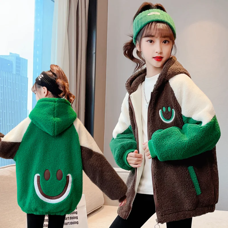 

Girls Autumn Winter Fashion Patchwork Outerwear Velvet Thickened Warm Lamb Wool Tops Teens Hooded Wool Sweater Coats 4-14Y S103