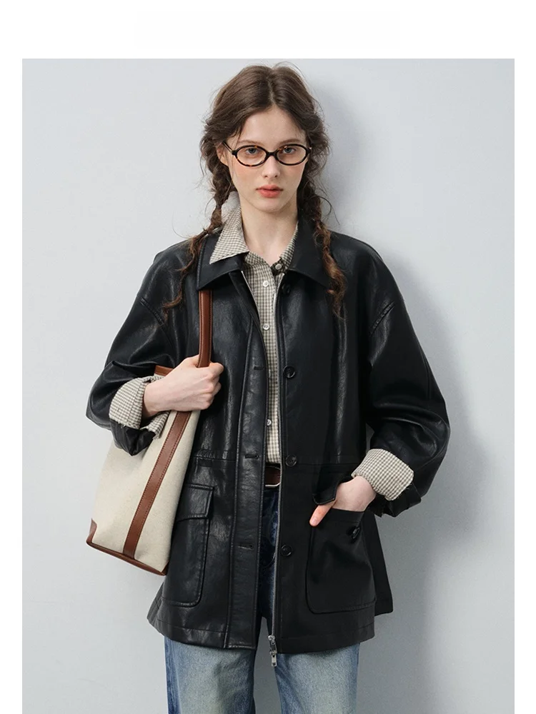 

VEGA CHANG женская куртка из искусственной кожи, весна 2026, новинка Sle, винтажная верхняя одежда свободного покроя с воротником и текстурой, длинная застежка-молния