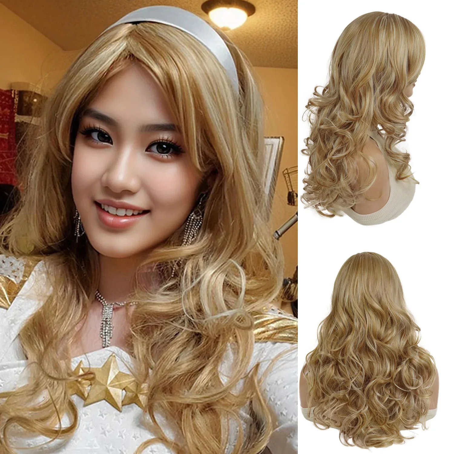 

Synthetic Hair Mix Blonde Wig with Bangs 20 Inch Long Curly Wigs for Women Heat Resistant Wavy Blond Highlights Wig Daily Party