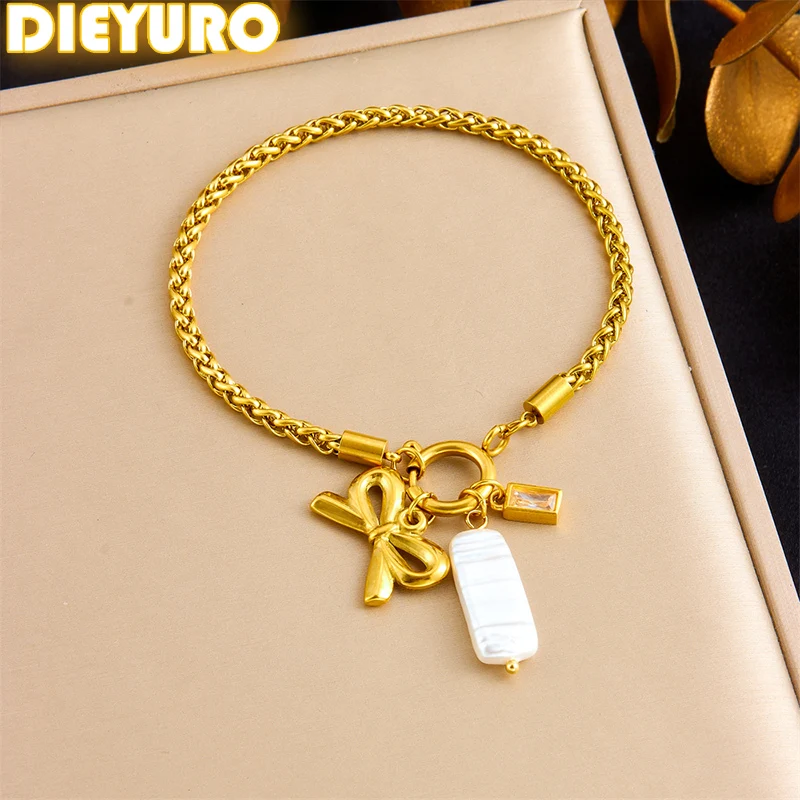 

DIEYURO 316L Stainless Steell Golden Bow Imitation Pearl Rectangle Zircon Bracelet For Womens Fashion Hand Chain Jewelry Gift