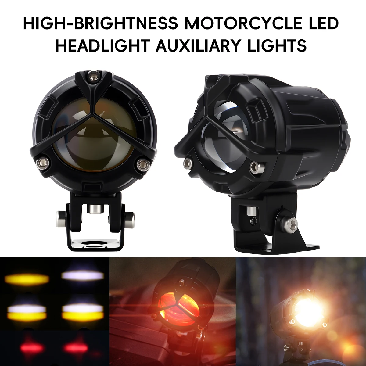 1PCS Motorcycle LED Spotlight Lens White Yellow Flashing Lamp High Low Beam External Headlight Fog Light Additional Driving Lamp