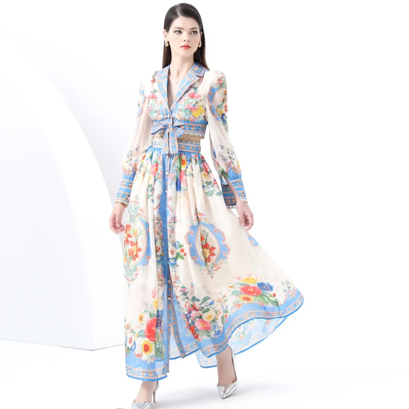 

2025 Summer Bohemian Vacation Set - Women's Blazer Collar Tie-Waist Long Sleeve Top + High-Waist Chiffon Flowy Maxi Skirt