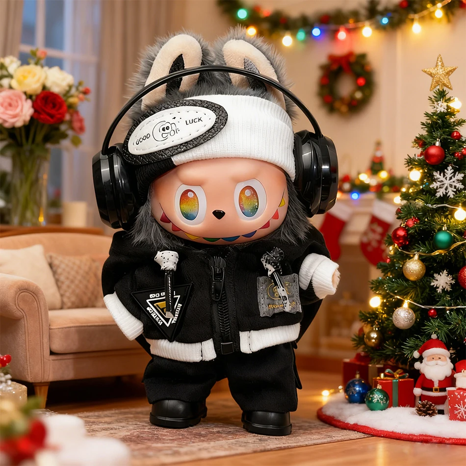 

Labubu Big Into Energy Series Trendy Outfit Zipper Hoodie Headband Pants Set Pendant Cloth Kids Red Black Set Fashion Accessorie