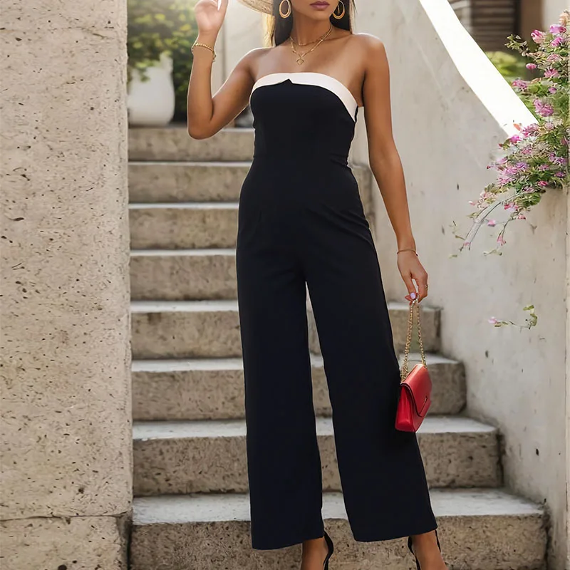

Women's Elegant Sleeveless Jumpsuits Summer High Waist Wide Leg Rompers Fashion Black White Splice Off Shoulder Party Playsuits