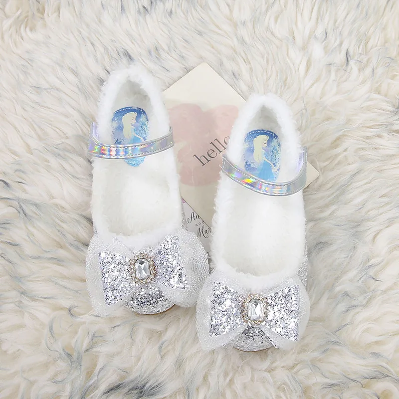 

Children Velvet Princess Shoes Baby Fluffy Crystal Shoes Girls Autumn Winter Warm Cotton Shoes Sequined Bow Small Leather Shoes
