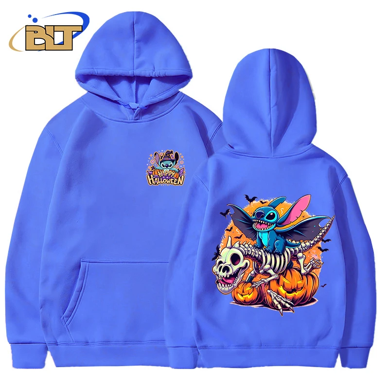 

Stitch Halloween Printed Men's Plush Hoodie Blue Autumn and Winter Sports Plush Top Loose Top
