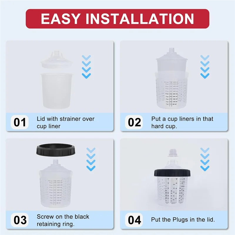 

2025 Trend Paint Spray Cup, 50 Cup Liners (20 Oz), 50 Lids With Filters, 10 Plugs, 1 Hard Cup, 1 Retaining Ring, 1 Stirring Stic