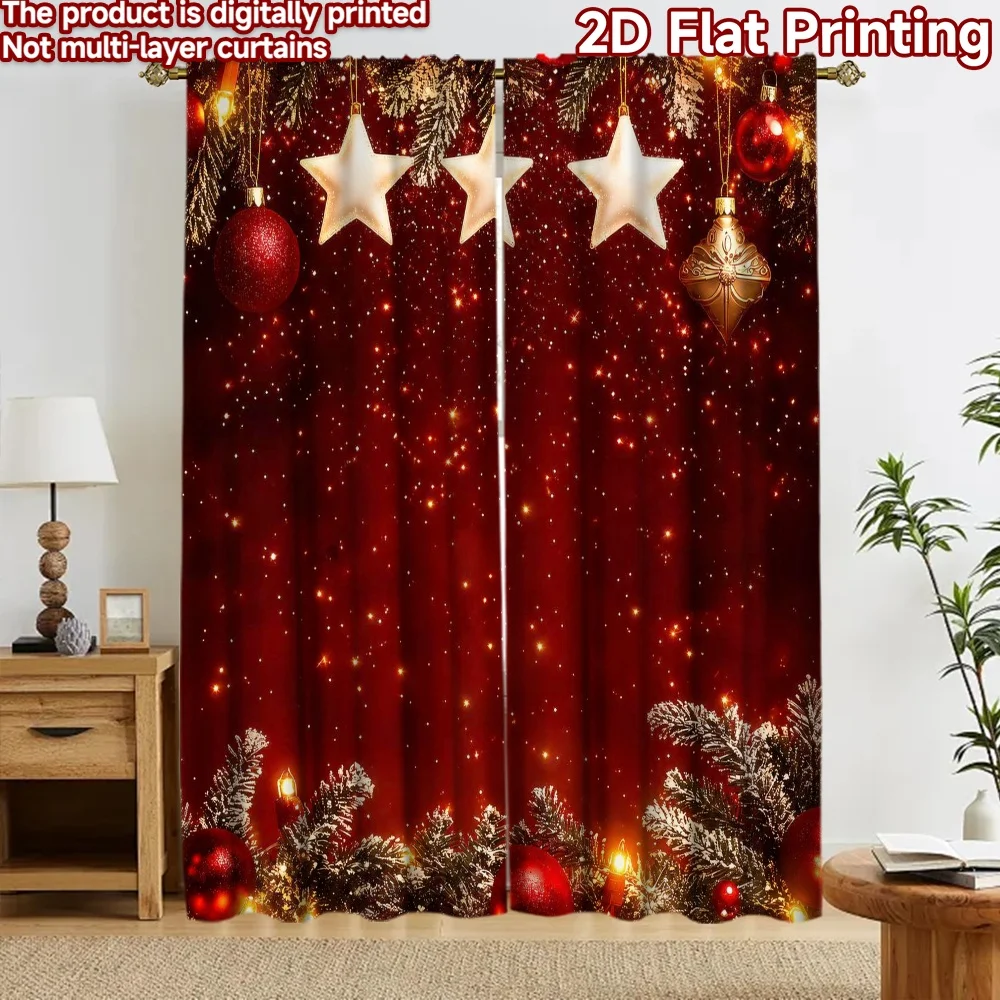 2D flat 2pcs Curtain Modern Minimalist Style Curtains Christmas Stars and Ornaments Digitally printed polyester Holiday