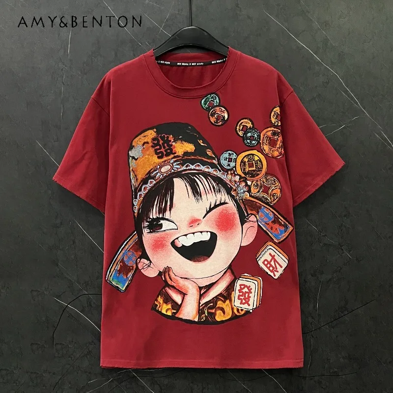 

Национальный стиль, Новый год, праздничный тяжелый ремесленный новый футболка с короткими рукавами для девочек с героями мультфильмов, женские свободные повседневные футболки средней длины Y2k