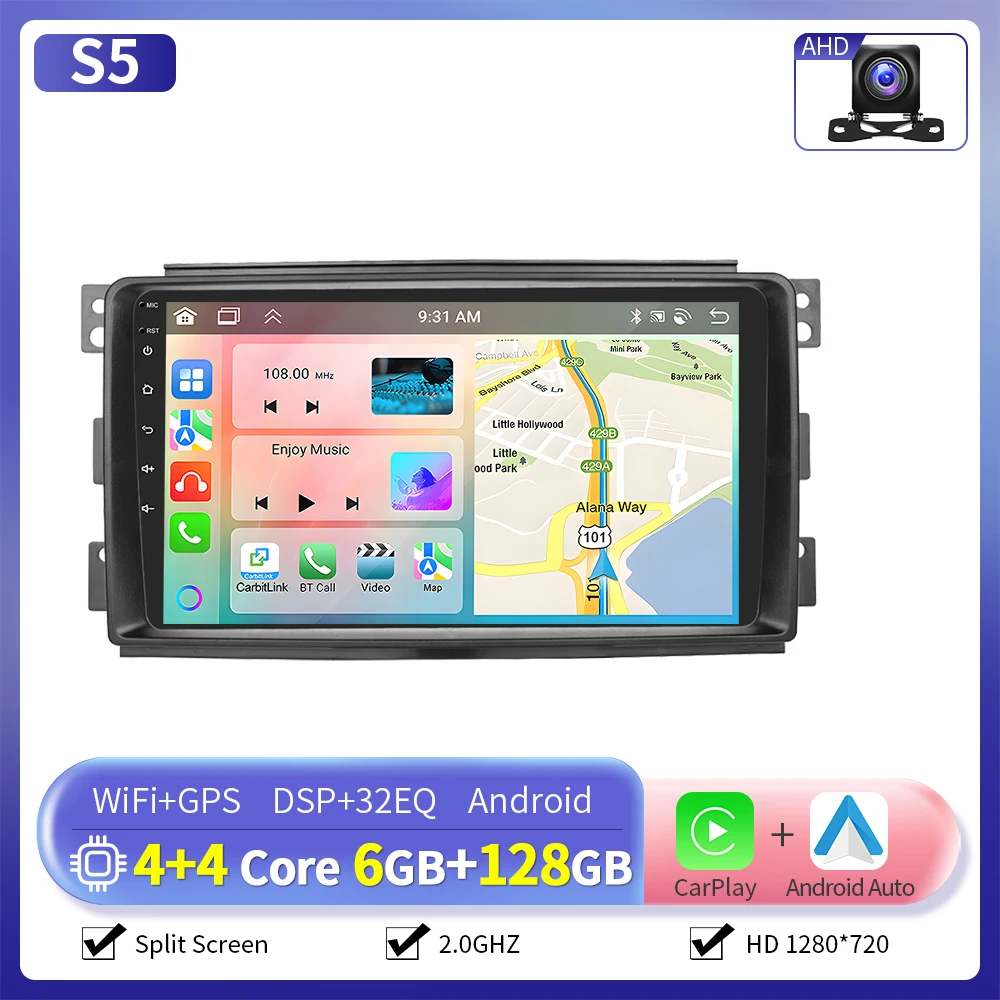 CAMECHO [2G+64G] Android 15 Autoradio con Navigatore per Mercedes-Benz Smart Fortwo 2005-2010, Schermo da 9 Pollici con Carplay Android Auto Mirror Link RDS WiFi Bluetooth +Telecamera Posteriore