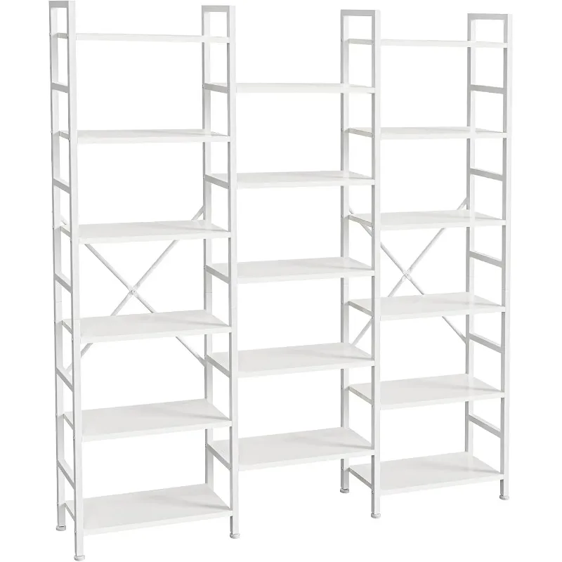 Triple 6 Tier Bookshelf, Bookcase with 17 Open Display Shelves, Wide Book Shelf Book Case for Home & Office, White