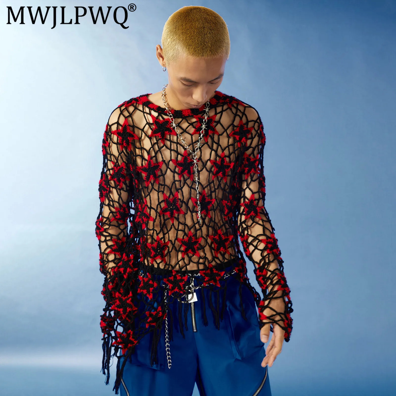 MWJLPWQ Retro Y2K Handmade Large Hollow Star Woven Sweater Unisex High Street Loose 2026 Autumn Long Sleeve Men's Tops 21196