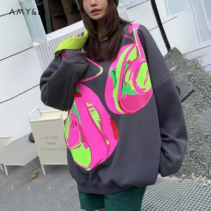 New Oversized Graffiti Full Printing Fleece Thickened Sweatshirts Women's Medium And Long Loose Casual Top Y2k Clothes Sudaderas