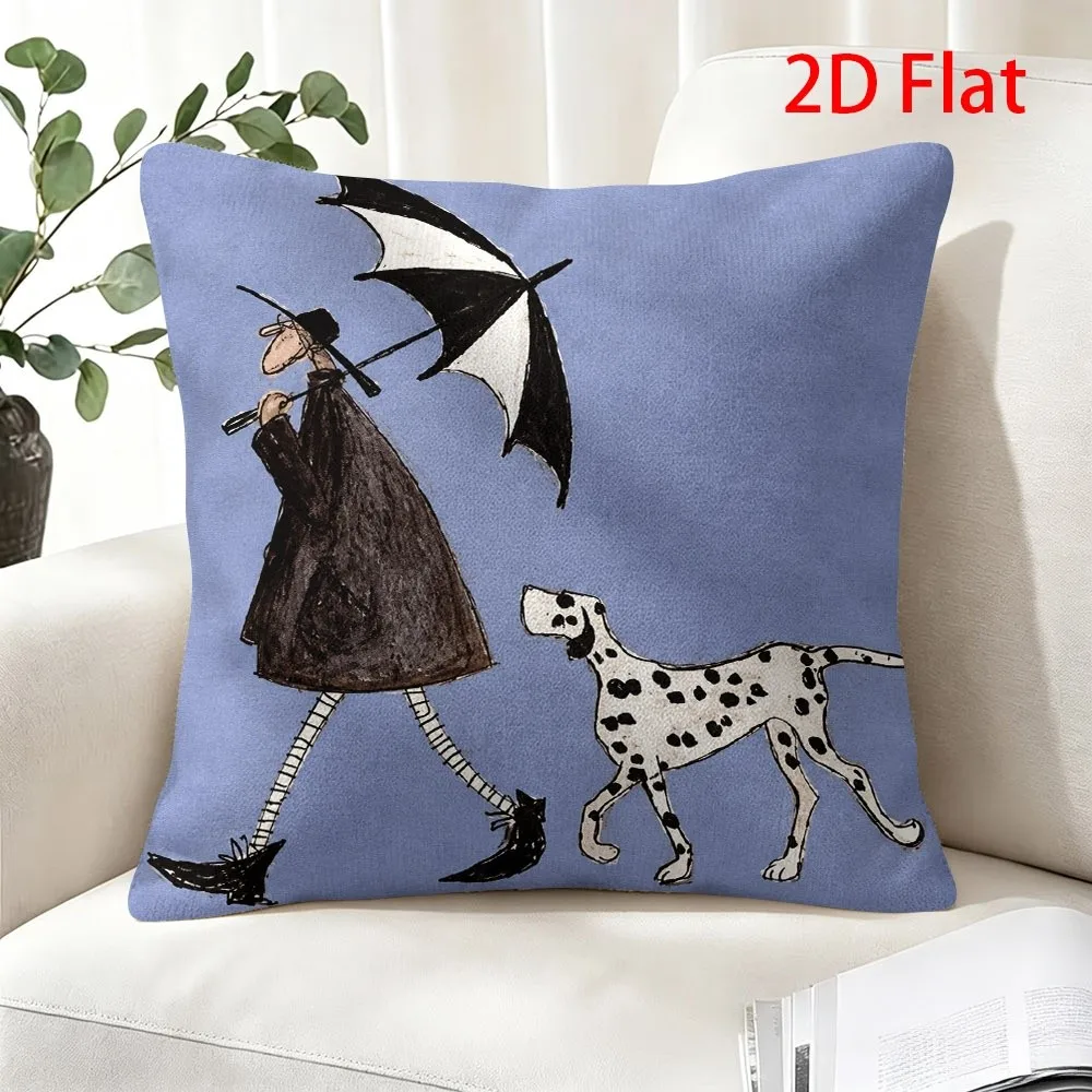 Artistic Dog Pillowcase, Dalmatian & Lady Cushion Cover, Vintage Umbrella Illustration, Blue Living Room Sofa Decor, Unique Gift