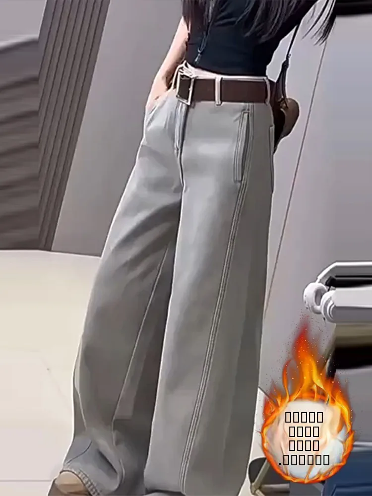 

Модные утепленные джинсы с флисовой подкладкой для женщин, осенне-зимняя новинка, прямые широкие брюки для фигуры типа «груша»