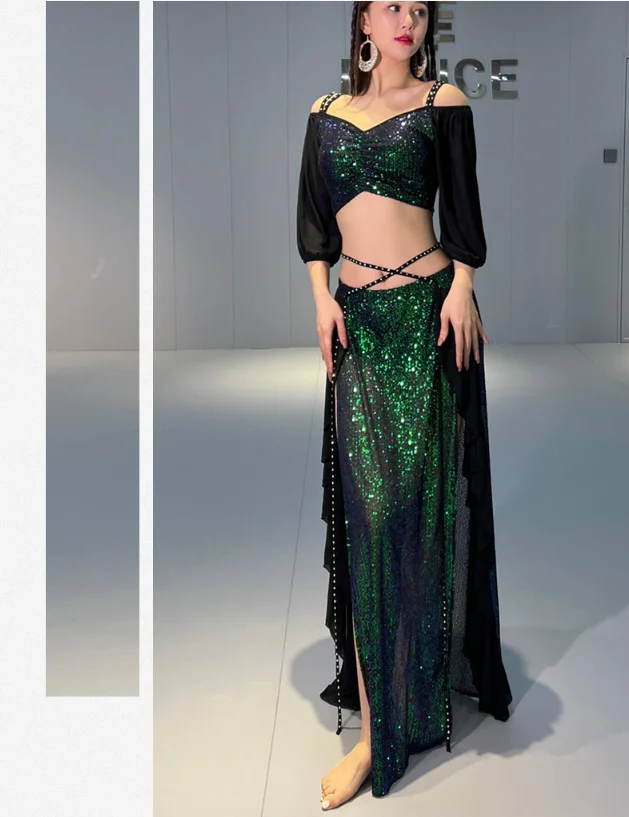 Belly Dance Costume Set for Women Short Sleeves Top+split Long Skirt 2pcs Oriental Professional Set Belly Dancing Wear Outfit