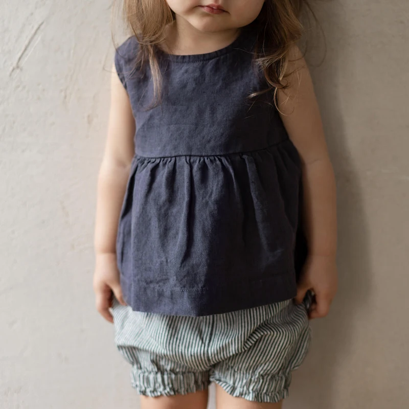 Girls Retro Mori Cotton And Linen Tank Top Summer New Back Buttons A-Line Ruffled Hem Kids Blouse Casual Linen Sleeveless Tops