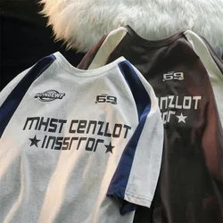 Cotton color matching printed short sleeved T-shirt men American retro tide brand motorcycle clothing Japanese couple loose top