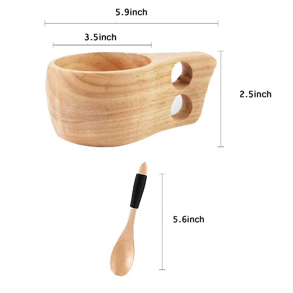 2Pack Nordic Style Wooden Cup Kuksa Cup Portable Outdoor Camping Drinking Mug Wooden Coffee Cup with Wooden Spoon