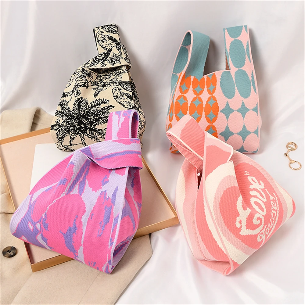 Knit Japanese Style Wrist Bag Sleeve Knot Pouch Eco Portable Purse Canvas Tote Women's Bag For Walking Handbag Key Phone Pouch