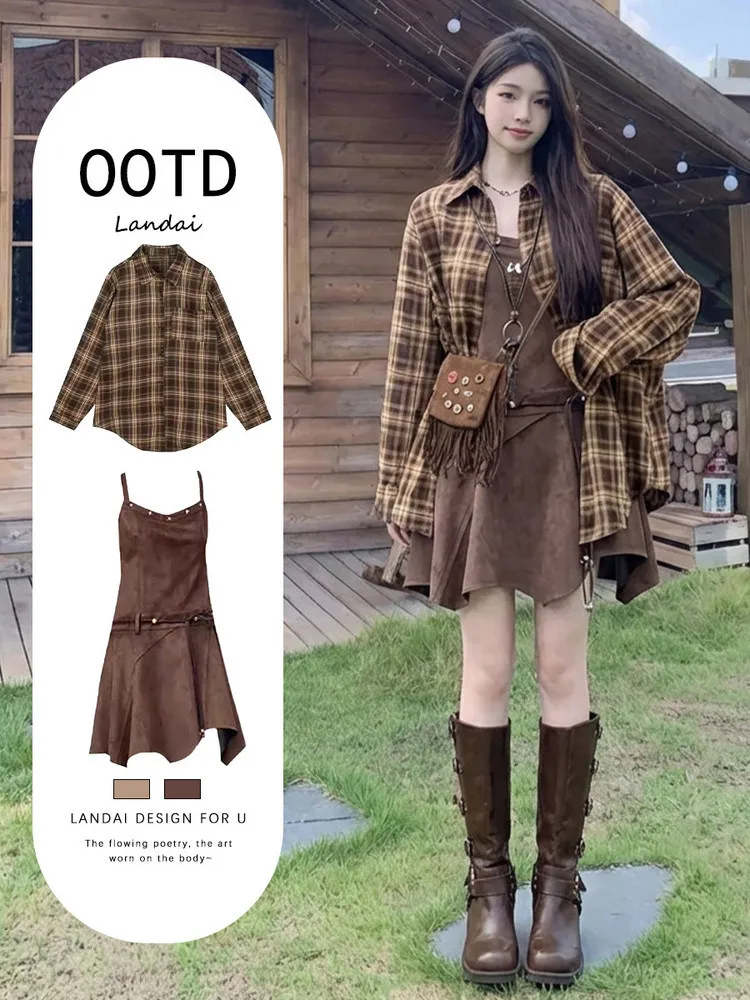

2026 New Vintage Sle Uneven Strap Dr Plaid irt Women Early Spring Super ular Matching Set Midi Skirt Long Sve