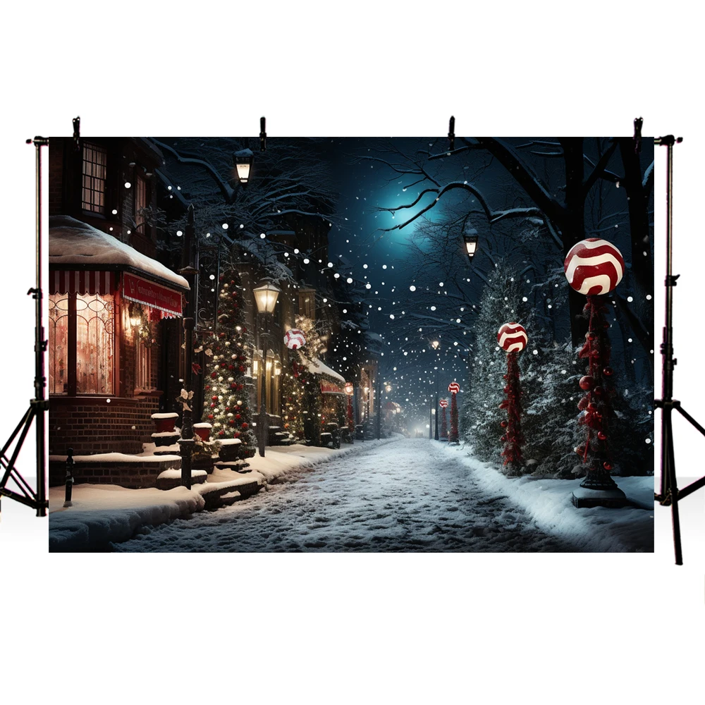 Фон для фотосъемки с изображением зимних праздников ночного времени заснеженной уютной небольшой улицы с фонарями внутри дома Рождественский фон для фотосъемки в стиле ретро