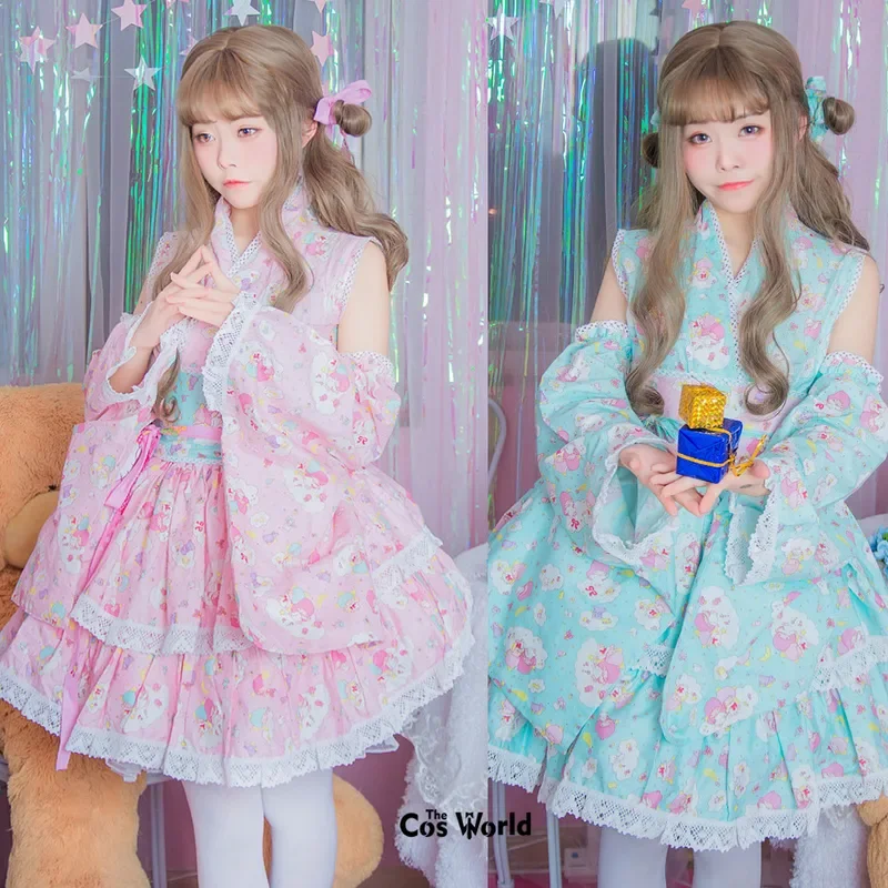 Japanese Lolita Loli Gemini Sweet Kimono Yukata Dress Outfits Anime Cosplay Costumes