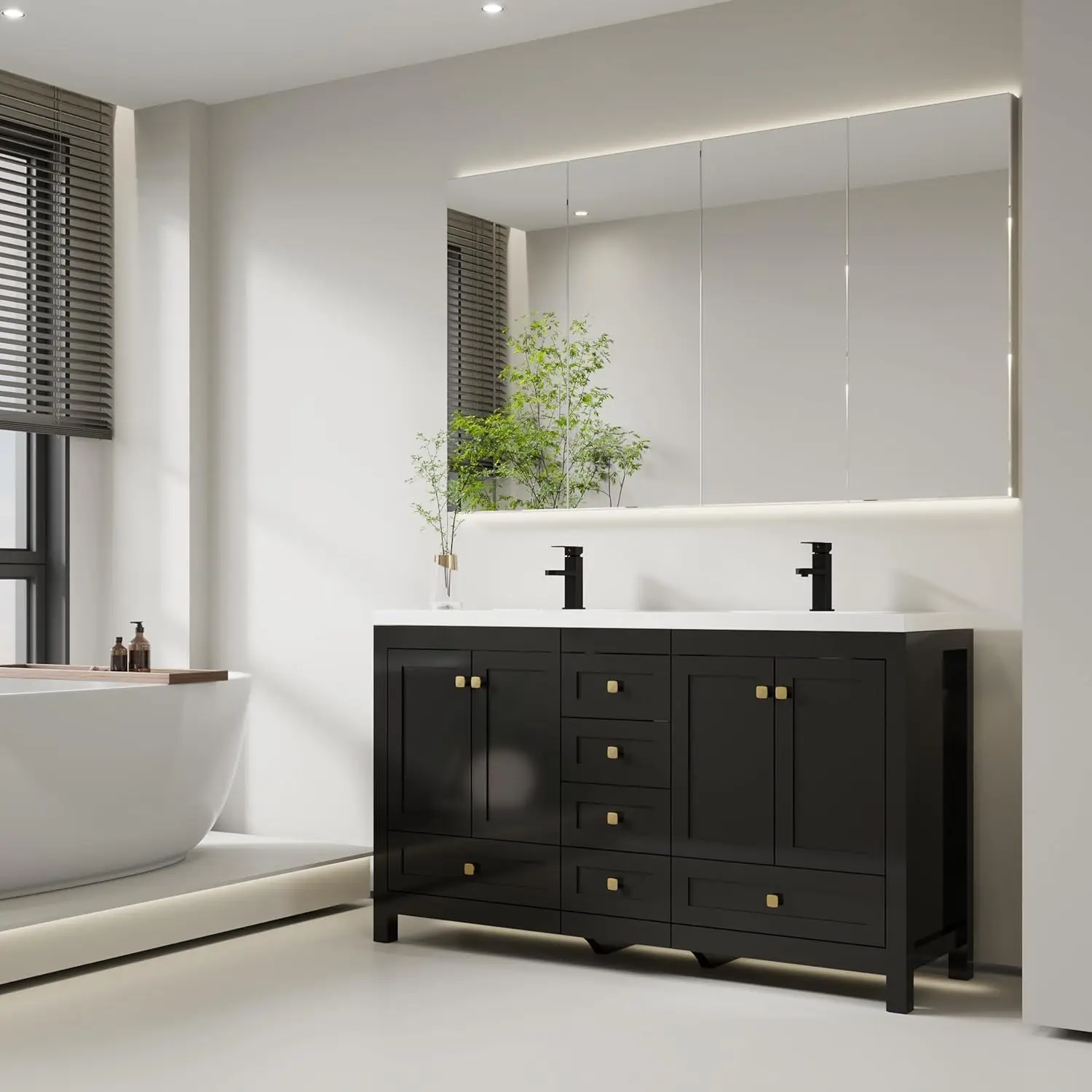 

60" Double Sink Bathroom Vanity Combo Modern Wood Storage Cabinet Undermount White Bowl Matte Black Faucet Drain Customized
