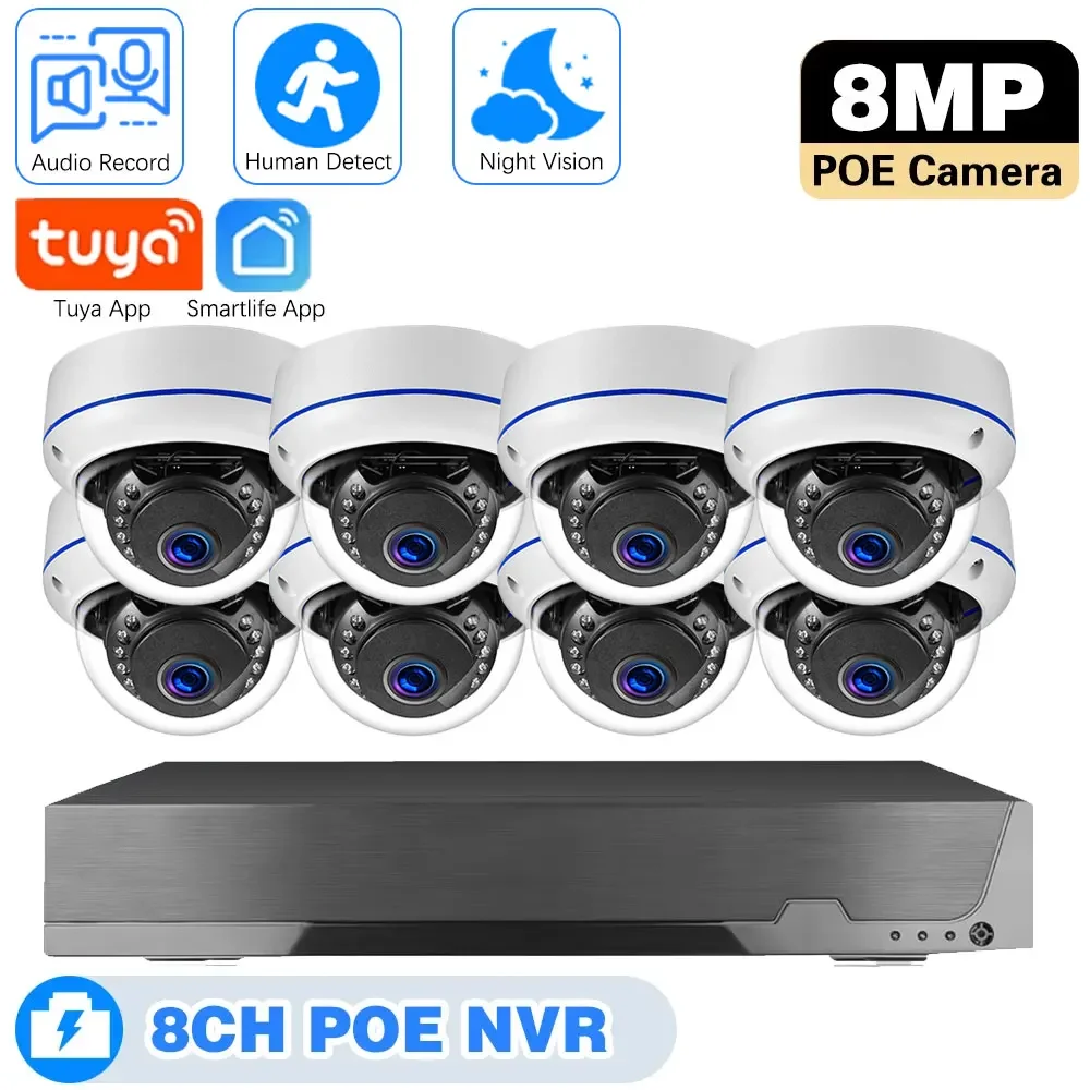 

Tuya H.265 8CH 4K 8MP Indoor Dome Video Surveillance Set Audio Record PoE NVR Kit CCTV System VandalProof Security IP Cameras