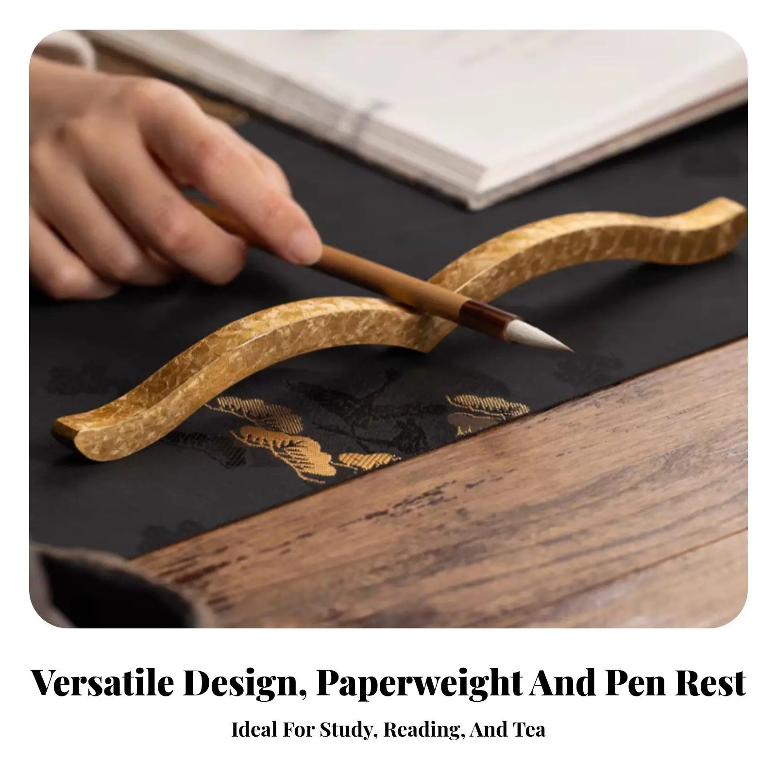 Premium Brass Bookend Curved Design Bookshelf Decoration Desk Accessory for Artists Readers Wooden Document Holder Style