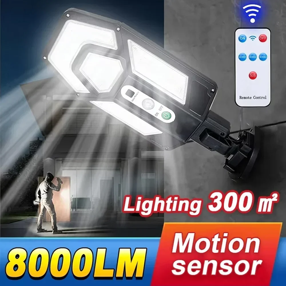 8000LM Powerful Solar Wall Lamp with Remote Outdoor IP65 Waterproof LED Floodlight with Sensor Garden Yard Lantern Street Lig