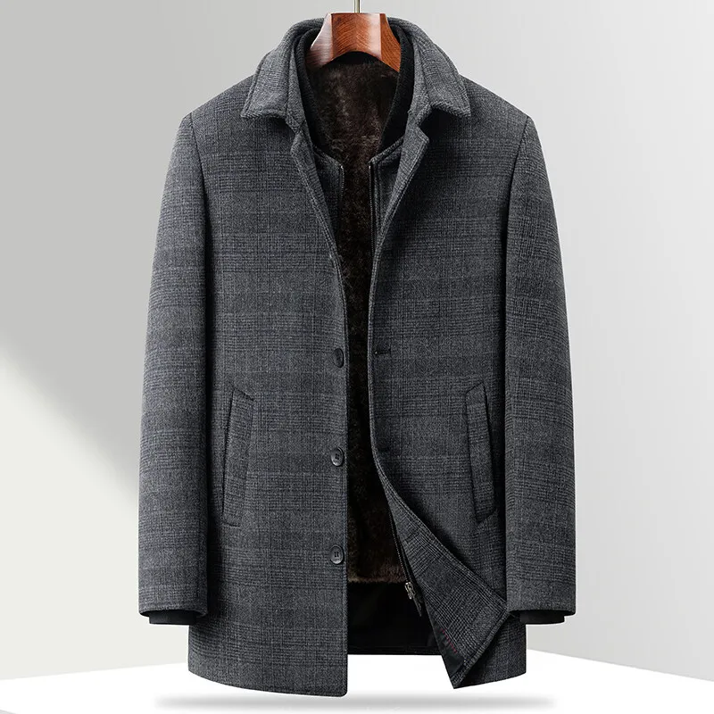 Business Casual Winter Men's Grey Plaid Woolen Coats Thick Warm Wool Overcoat Outwear Detachable Fleece Liner Windbreaker Jacket
