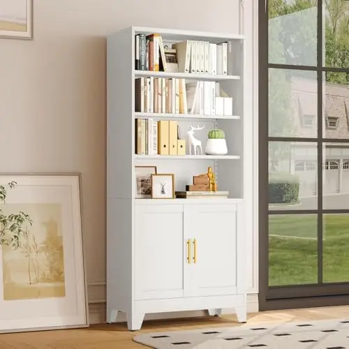 71" H Tall Metal Bookcases and Bookshelves with 2 Doors and Adjustable ShelvesTall Storage Cabinet Industrial