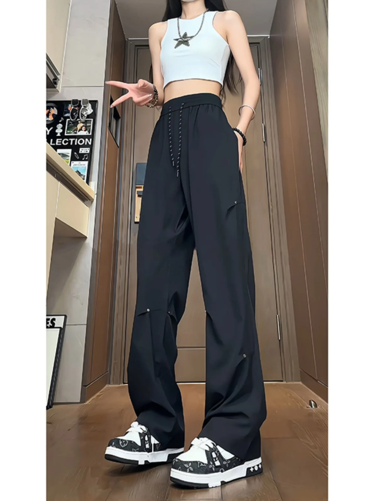 

Bla Rivet Men's Casual Pants High Waist Pleated Summer Drapey Flared Ice Silk Straight Leg Pants Youthful Vitali Sle