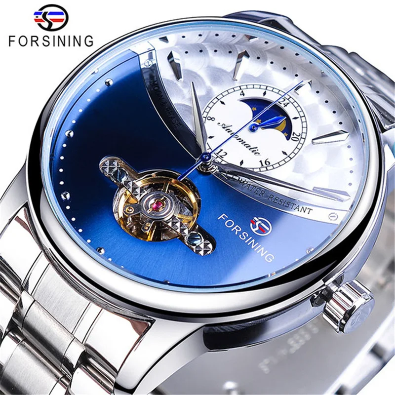 Forsining 339G Tourbillon Best Watch For Men Mechanical Wristwatches Fashion Moon Phase Dial Luxury Stainless Steel Strap